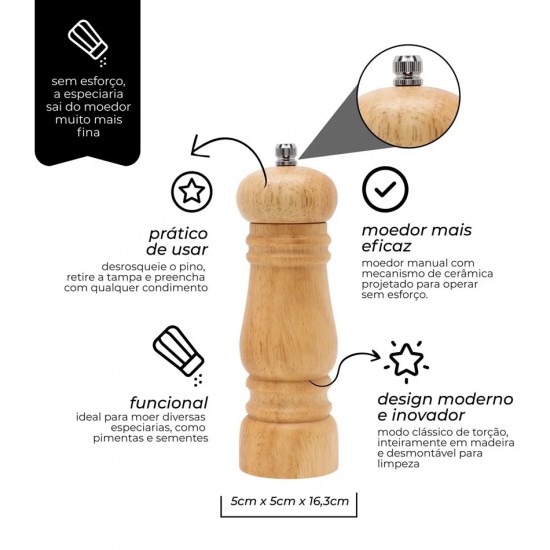 Moedor 15cm Sal Ou Pimenta Em Madeira